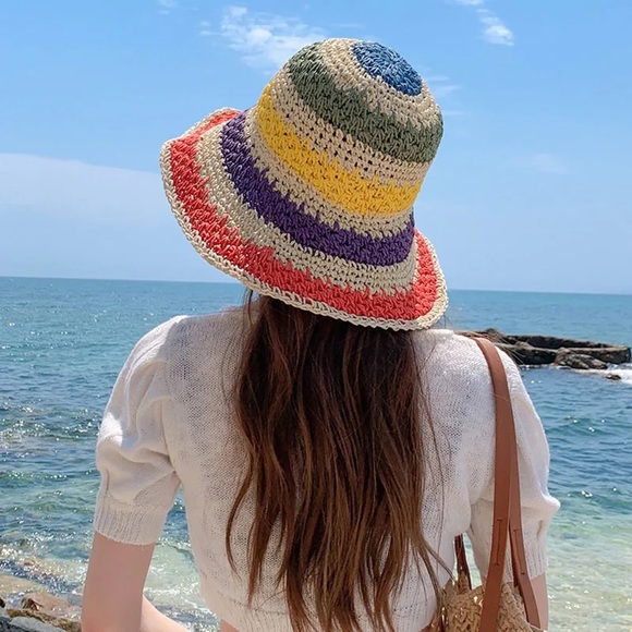 COST 🛑LAST 1! Tan Striped Bucket Hat Crochet Bucket Colorful Multicolor vacation - Picture 3 of 6